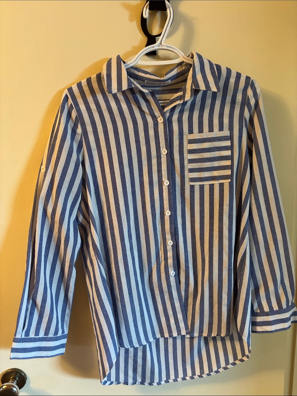 Blue and White Striped Casual Button-Down Shirt